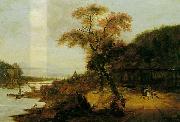 Jacob van der Does, Landscape along a river with horsemen, possibly the Rhine.